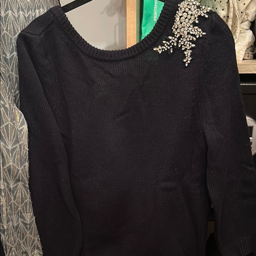 ba&sh Navy Blue Crew Neck Sweater with Embellished Shoulder